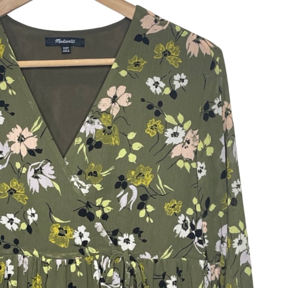 MADEWELL | Olive Green Floral Cinched Waist Wildblooms Midi Dress | Size XXSP - Picture 4 of 14